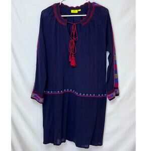 Roller Rabbit Women's Blue Embroidered Long Sleeve Boho Hippie Chic Dress - L
